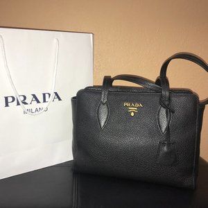 PRADA Vitello Phenix Black Leather Shopping Tote